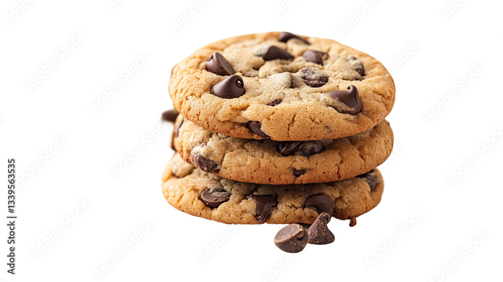 Golden Chocolate Chip Cookies, Perfectly Baked And Isolated On A White Background Golden Chocolate Chip Cookies, Perfectly Baked And Isolated On A White Background
