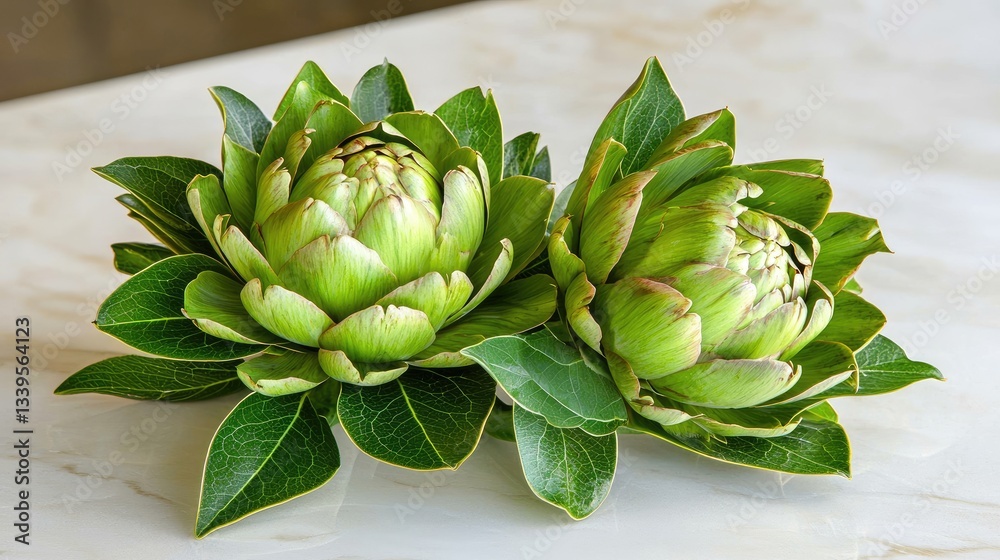 Fototapeta premium Two fresh artichokes resting on a white surface, their leaves slightly open to reveal intricate details.