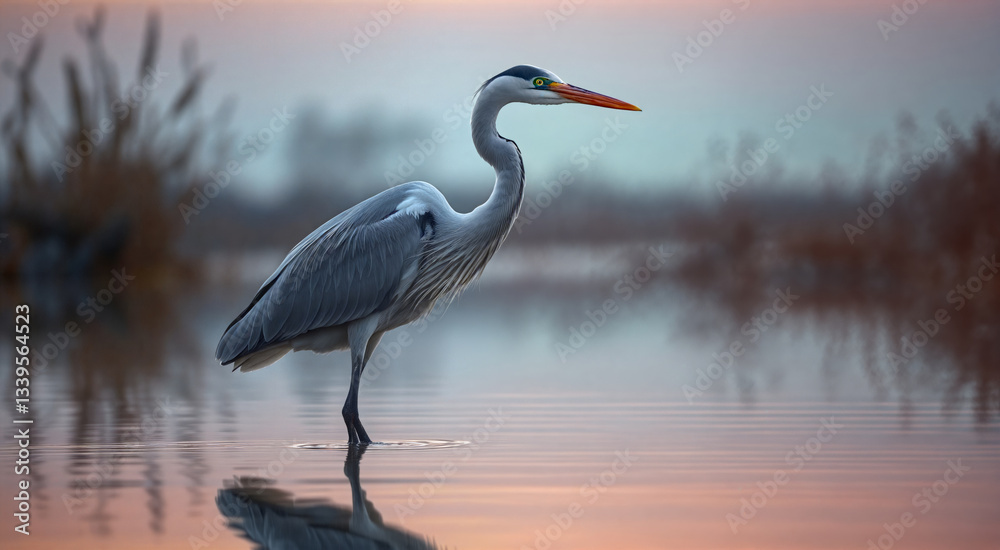 Fototapeta premium A majestic gray heron stands elegantly in calm water. The serene morning atmosphere is captured beautifully with a soft, pinkish sky reflecting on the water.