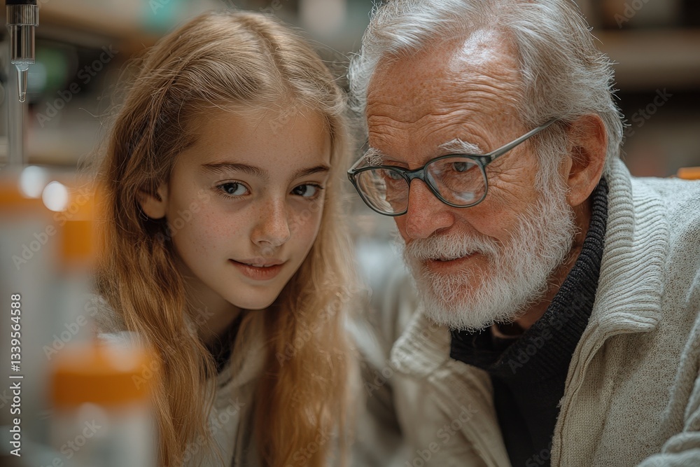 Older Professor Provides Guidance to Younger Student in a Research Lab Setting Focused on Education and Scientific Discovery Older Professor Provides Guidance to Younger Student in a Research Lab Setting Focused on Education and Scientific Discovery