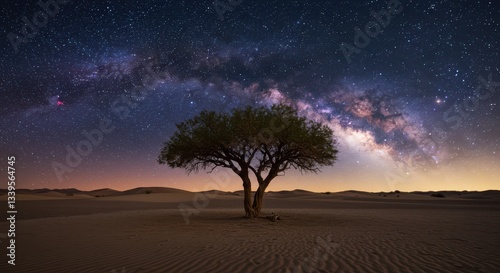 Lone Tree Silhouette Underneath a Vivid Milky Way in the Desert