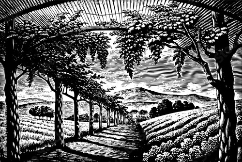 Black and White Vineyard Pathway with Grape Vines and Mountain View