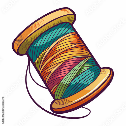 Colorful Thread Spool Illustration with Vibrant Yarn and Wooden Bobbin