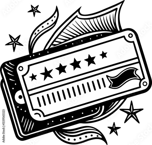 Retro Starry Ticket Design with Stars and Vintage Elements