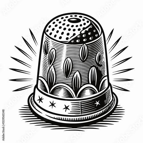 Vintage Thimble Engraving Illustration Retro Sewing Tool Art