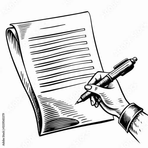 Hand Holding Pen Signing Document Black and White Illustration