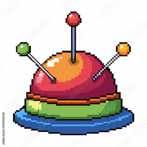 Colorful Pixel Art Pin Cushion with Pins Retro Style Illustration