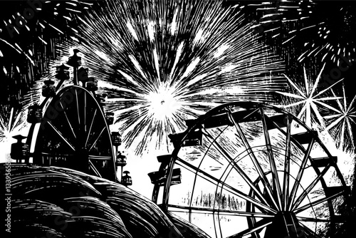 Vintage Carnival Night with Fireworks and Ferris Wheels in Black and White
