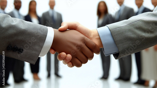 Business handshake between diverse professionals with team in background