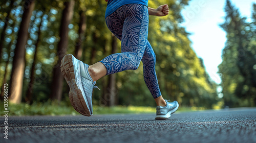 Woman jogging on forest path wearing blue patterned leggings and running shoes