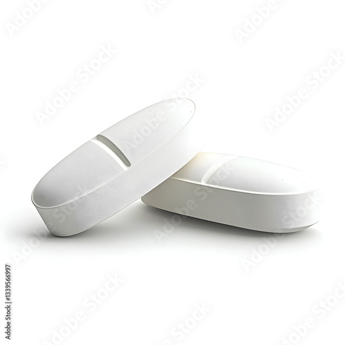 Two white pills resting on a white surface