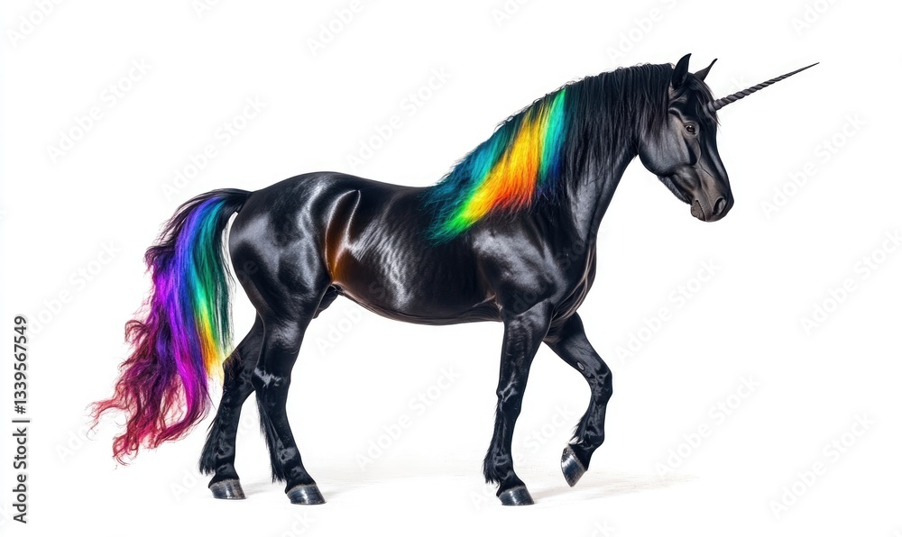 Fototapeta premium A unicorn with rainbow colored hair is walking on a white background