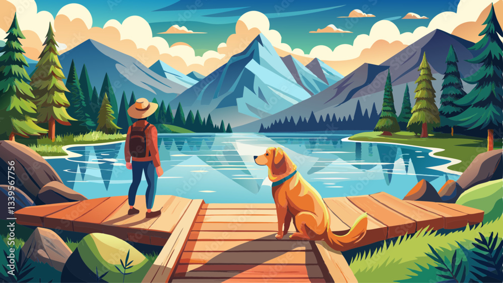 Obraz premium dog on a journey. Nova Scotia retriever by a mountain lake on a wooden bridge. A trip with a pet to nature