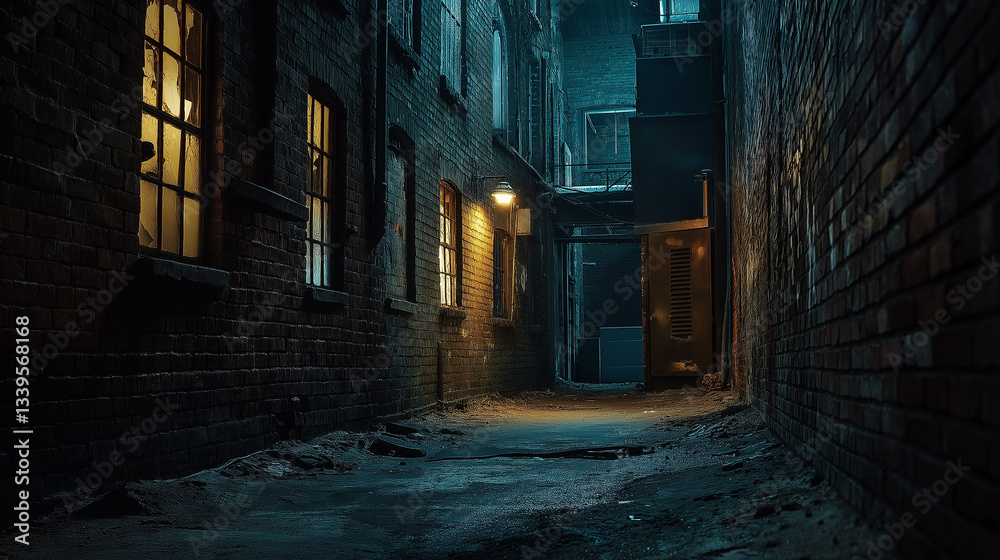 Obraz premium Gritty Dimly Lit Alleyway Featuring Weathered Brick Walls and Intriguing Urban Decay in Moody Lighting