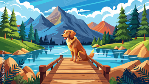 dog on a journey. Nova Scotia retriever by a mountain lake on a wooden bridge. A trip with a pet to nature