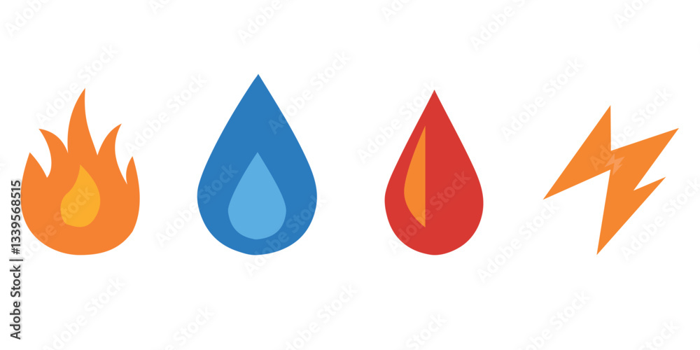 Fire water blood and lightning vector illustration elemental symbols nature power energy icon set graphic design Fire water blood and lightning vector illustration elemental symbols nature power energy icon set graphic design