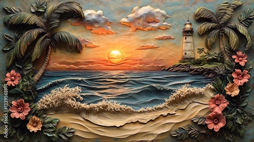 3D relief, bas-relief art style, tropical beach sunset with palm trees and flowers in the foreground, ocean waves, green plants surrounding the artwork.