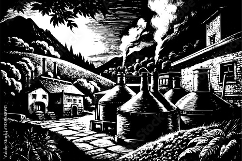 Vintage Distillery Illustration Black and White Engraving of Rural Brewery
