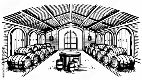Rustic Wine Cellar with Barrels in Black and White Vintage Illustration