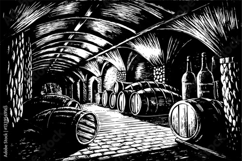 Rustic Wine Cellar with Wooden Barrels and Bottles in Vintage Style Engraving