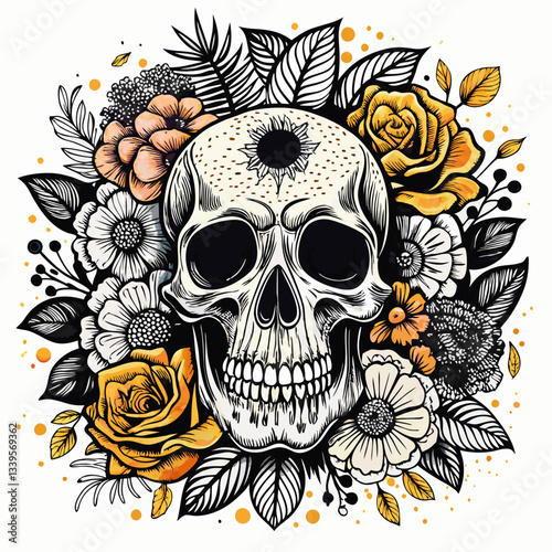 Floral Skull with Vibrant Flowers in Detailed  Illustration