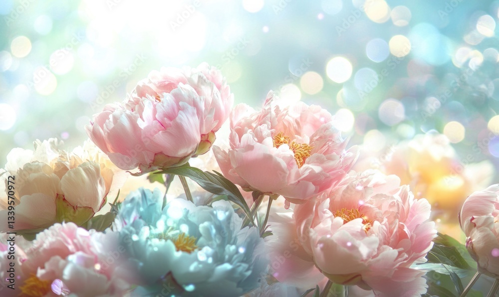 Obraz premium A bouquet of flowers with a blue and pink flower in the middle