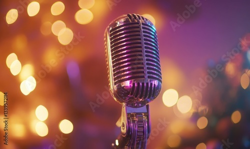 A microphone is on a microphone stand in front of a Christmas tree