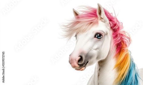 A horse with rainbow colored hair is standing in front of a white background