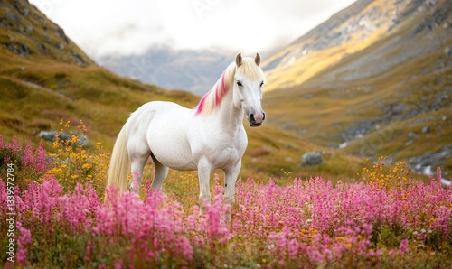 A white horse with pink hair stands in a field of pink flowers