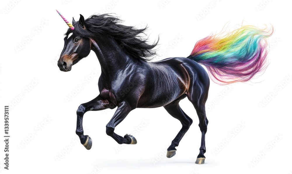 Fototapeta premium A unicorn with rainbow colored mane and tail is running. Black unicorn on white background
