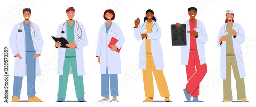 Doctors cartoon characters set with medical staff providing patient diagnosis and consultation