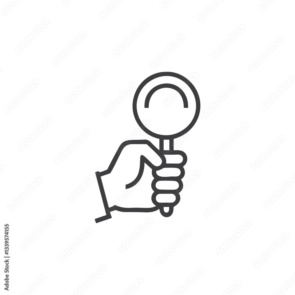 Fototapeta premium Hand holding magnifying glass outline icon for search, research, and investigation concepts