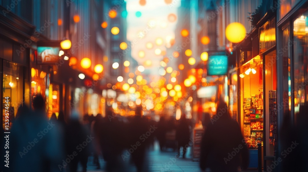 Soft focus city street at twilight with warm glowing lights and movement Soft focus city street at twilight with warm glowing lights and movement