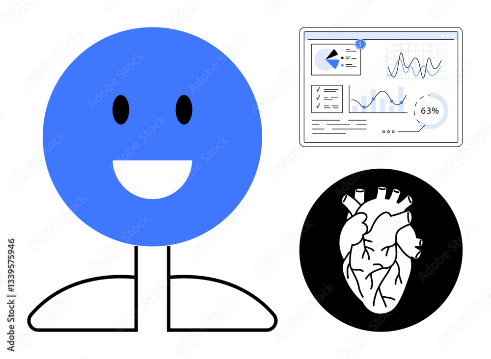Blue happy character next to detailed analytics dashboard and heart anatomy diagram. Ideal for healthcare, data science, wellness, medical research, AI health tech, education, innovation, flat simple Blue happy character next to detailed analytics dashboard and heart anatomy diagram. Ideal for healthcare, data science, wellness, medical research, AI health tech, education, innovation, flat simple