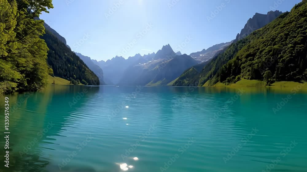 Scenic turquoise mountain lake surrounded by lush greenery