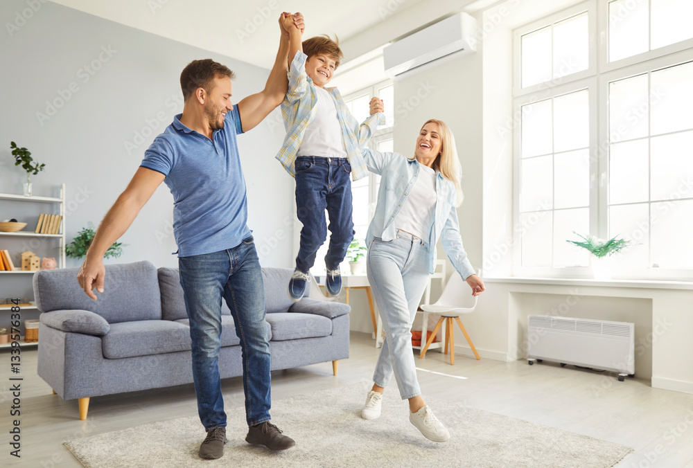 Fototapeta premium Cheerful parents enjoy leisure time at home, playing, laughing, and bonding with kid. A warm family moment filled with fun, entertainment, and shared happiness in a cozy domestic setting.