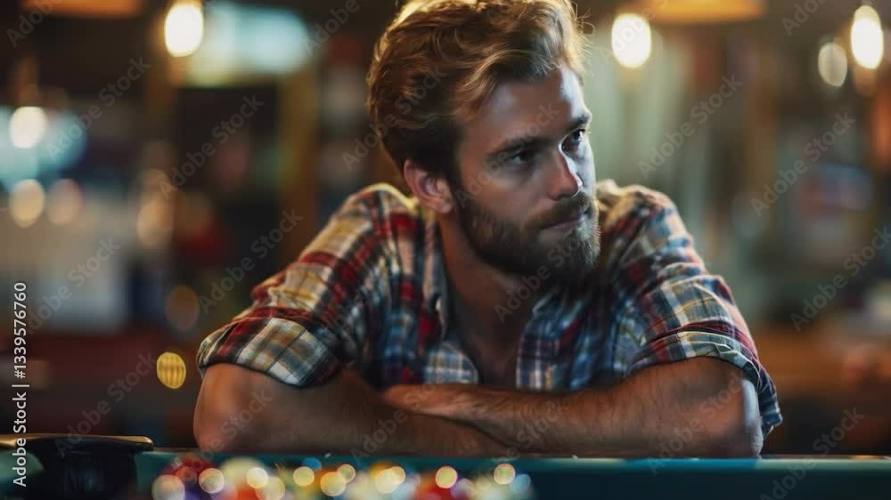 Smiling man at a pool table in a bar, perfect for advertising entertainment venues or social events.
Smiling man at a pool table in a bar, perfect for advertising entertainment venues or social events.