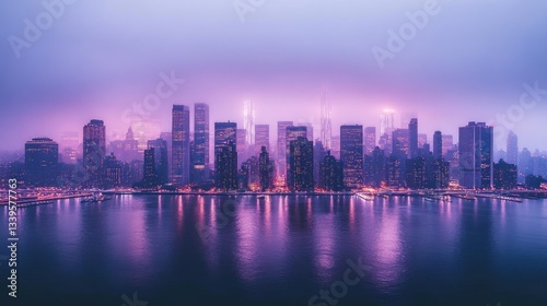 Misty city skyline at dawn (1)