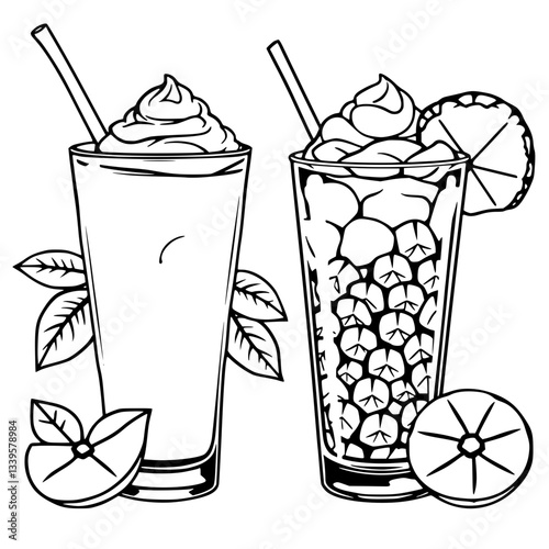 Refreshing Yellow Pineapple & Cream Smoothies Illustration                                                    