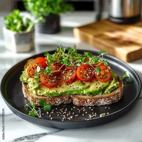 Avocado Toast with Microgreens, Cherry Tomatoes, and Black Sesame on Sourdough Bread