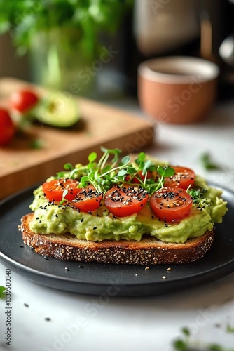 Avocado Toast with Microgreens, Cherry Tomatoes, and Black Sesame on Sourdough Bread