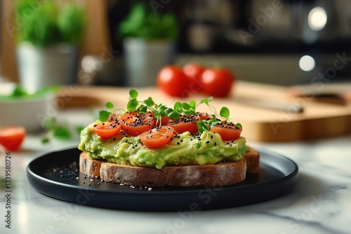 Avocado Toast with Microgreens, Cherry Tomatoes, and Black Sesame on Sourdough Bread