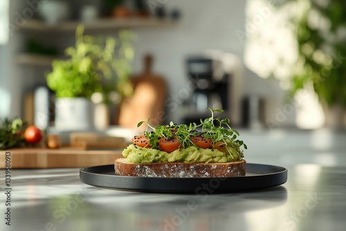 Avocado Toast with Microgreens, Cherry Tomatoes, and Black Sesame on Sourdough Bread