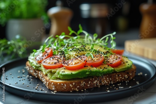 Avocado Toast with Microgreens, Cherry Tomatoes, and Black Sesame on Sourdough Bread