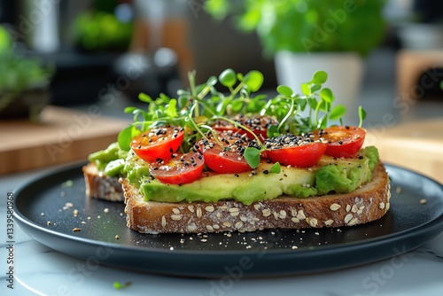 Avocado Toast with Microgreens, Cherry Tomatoes, and Black Sesame on Sourdough Bread