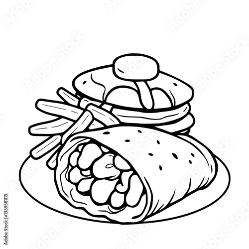 Delicious Breakfast Burrito with Pancakes and Fries Illustration                                              
