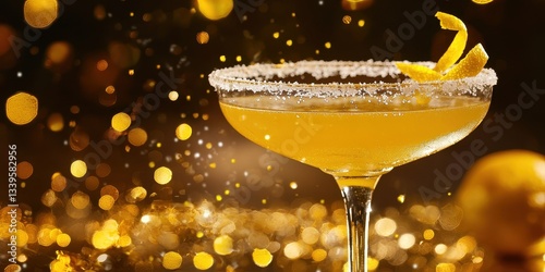 Floating sidecar cocktail with sugared rim and lemon zest on a bright gold background