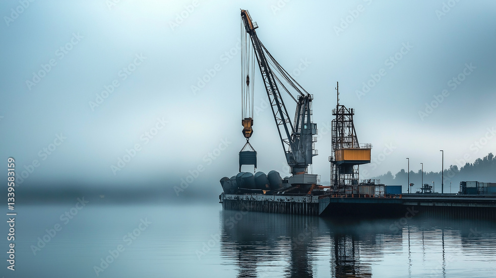 Fototapeta premium Crane on a dock unloading heavy materials from a cargo ship under bright lights