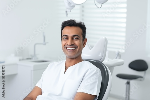 Smiling Indian dentist in his modern clinic, providing professional dental care and promoting oral health with a friendly and confident approach to patient treatment and dental hygiene.



