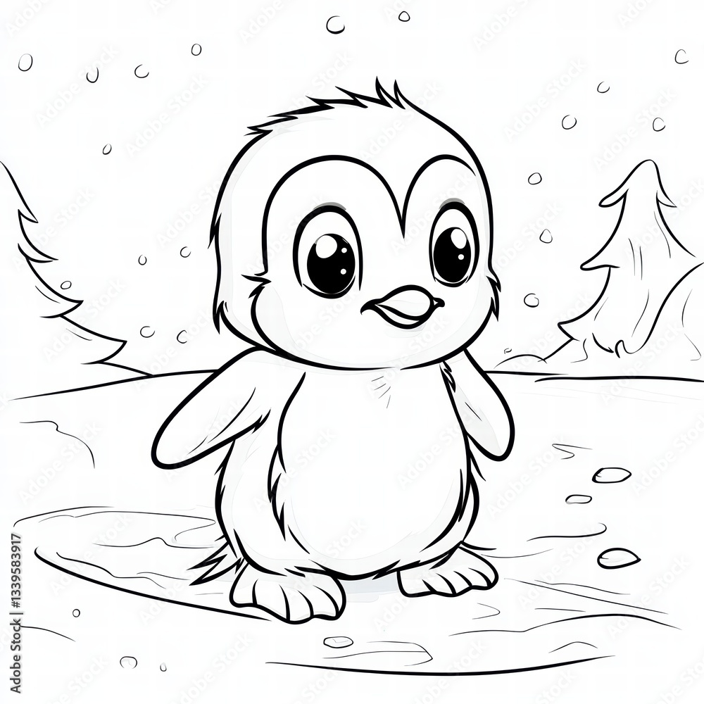 Obraz premium Cute Penguin in the Snow: A charming penguin with big, expressive eyes stands on a snowy surface, surrounded by a wintry landscape. This adorable illustration is perfect for children's books.